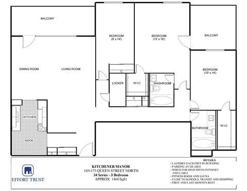 Floor plan for 3 beds, 1 bath, 1200 sqft